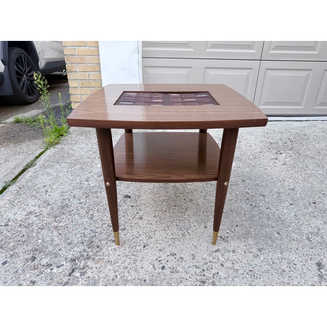 High Quality Vintage Tiled Walnut Laminate Two-Tiered Coffee Table with Wood Legs and Brass Caps. Unmarked. In style of...