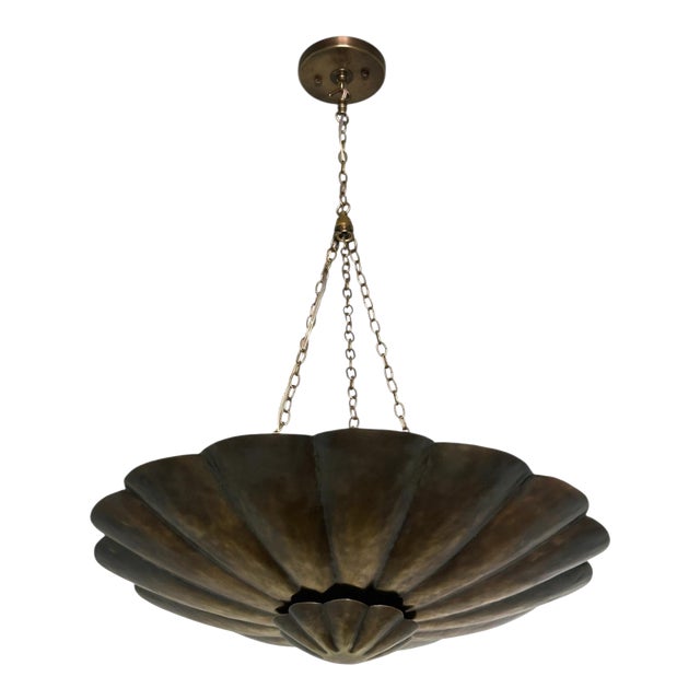 Brass Dual Shade Chandelier Pendant Light – Scalloped Bowl Hanging Fixture – Vintage Inspired Chain Light For Sale