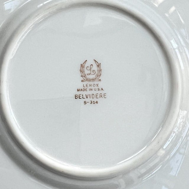 White 1980s Lenox “Belvidere” vintage fine china // 12 4-piece place settings // blue flowers and pink ribbon with gold rim // wedding gift For Sale - Image 8 of 8