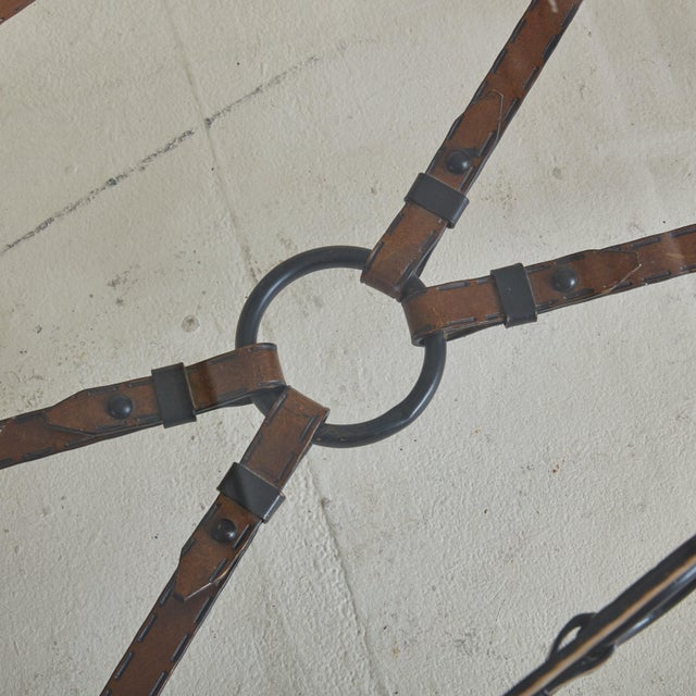 Mid-Century Modern Iron + Leatherette Coffee Table with Glass Top in the Style of Jacques Adnet For Sale - Image 3 of 11