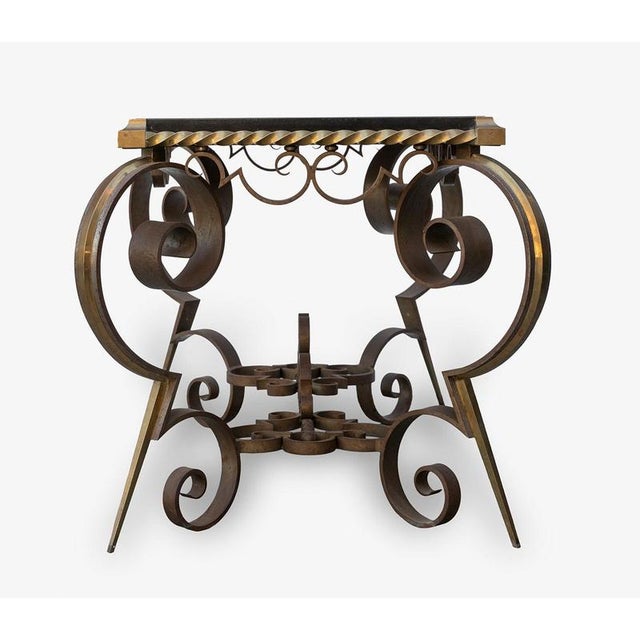 French Coffee Table in Belgian Black Marble, Gilt Bronze and Wrought Iron, 1970s For Sale - Image 3 of 6