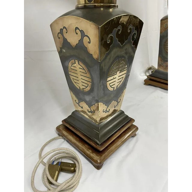 Metal Lamps with Brass Applications on Wooden Bases, 1970s For Sale - Image 4 of 13