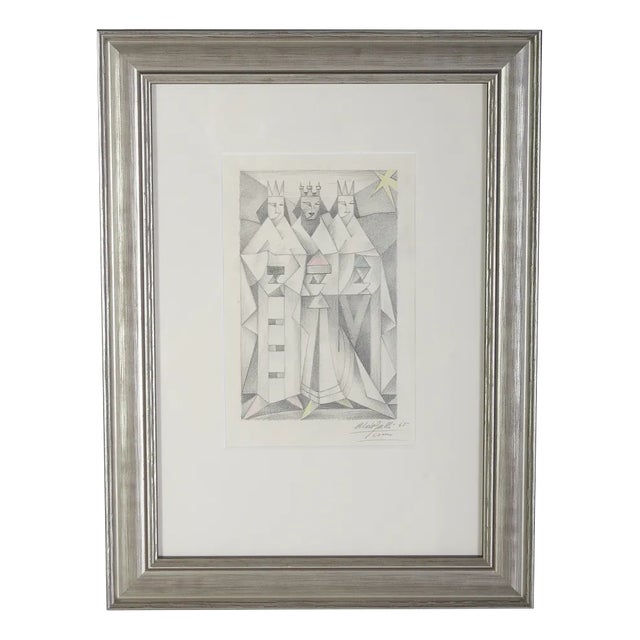 Aldo Galli, Three Kings, 1965, Pencil on Paper, Framed For Sale