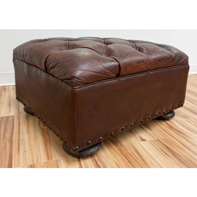 Vintage Restoration Hardware Tufted Leather Ottoman For Sale In Kansas City - Image 6 of 13