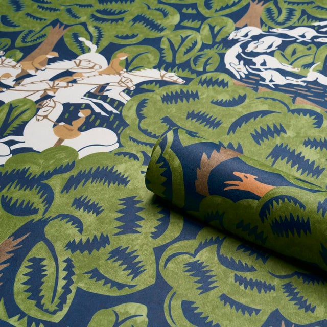 Not Yet Made - Made To Order SAMPLE - Schumacher x The New Yorker Margaret Schloeman's Fox Chase Wallpaper In Navy & Green For Sale - Image 5 of 5