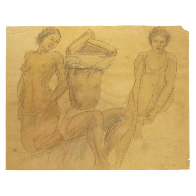 O. Roche, Figures, Pencil and Oil Pastel on Paper, 1938 For Sale
