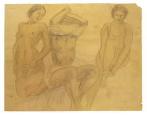 O. Roche, Figures, Pencil and Oil Pastel on Paper, 1938