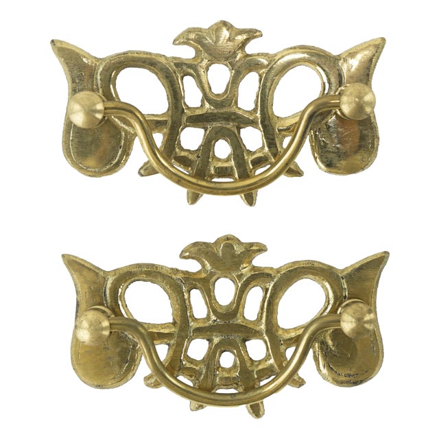 Pair of Vintage Solid Brass Stylized Cabinet Drop Pulls With Ornate Openwork Design For Sale