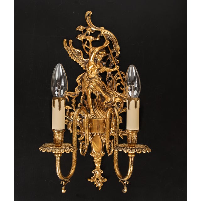 1950s Spanish Empire Cast Brass Winged Goddess Nike Victory 2-Light Wall Sconces - A Symmetrical Pair For Sale - Image 10 of 12