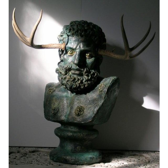 This is a Greek divinity who represents Wilderness ,Sexuality and Hunting . The quality of the Patina and the Real Antlers...