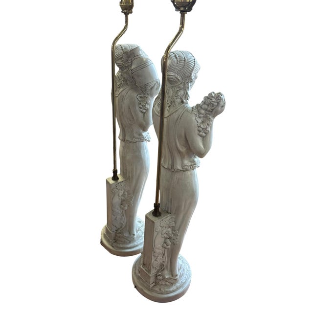 Neoclassical Vintage Holland Mold Neoclassical Italian Style Figural Maiden Table Lamps With Grapes & Amphora, a Pair For Sale - Image 3 of 12
