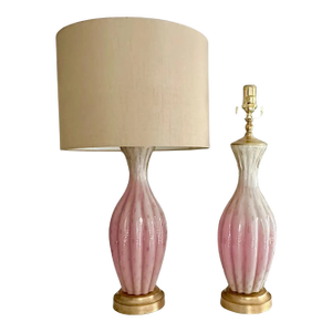 Pair Barbini White & Pink Gold Murano Glass Lamps