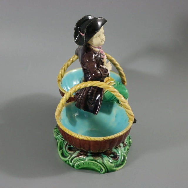 Ceramic Rare Minton Majolica Figure With Baskets For Sale - Image 7 of 12