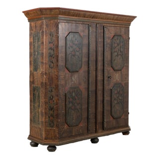 Original Hand-Painted Pine Folk Art Two-Door Armoire Dated 1793 For Sale