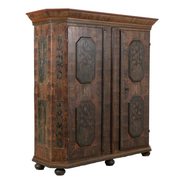 Original Hand-Painted Pine Folk Art Two-Door Armoire Dated 1793 For Sale