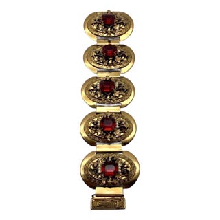 Mid Century Modwrn Victorian Revival Gold Tone Link Bracelet With Seed Pearls and Synthetic Ruby Very Solid Push Clasp. For Sale