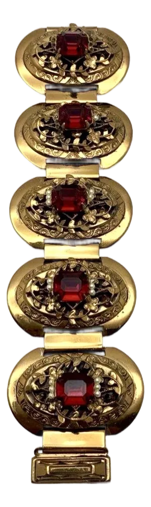 Mid Century Modwrn Victorian Revival Gold Tone Link Bracelet With Seed Pearls and Synthetic Ruby Very Solid Push Clasp.