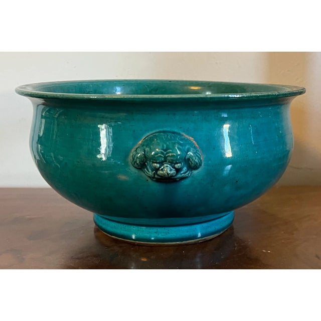 Ceramic Large Antique 19th Century Chinese Monochrome Turquoise Glaze Censer Bowl With Lion Mask Handles For Sale - Image 7 of 12