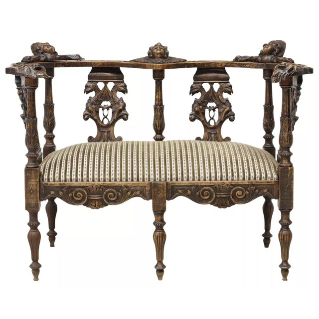 Gorgeous Antique Salon Settee, Ornate French, Renaissance Revival, Figural, Carved, Upholstered, 20th Century, 1900s! This...
