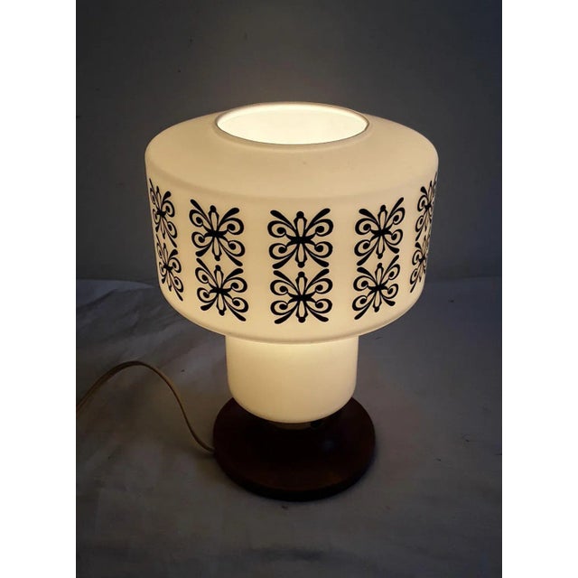 Vintage Teak and White Glass Table Lamp with Black Decor, 1970s For Sale - Image 3 of 7