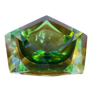 Vintage Mandruzzato Murano Green & Amber Sommerso Faceted Glass Ashtray For Sale