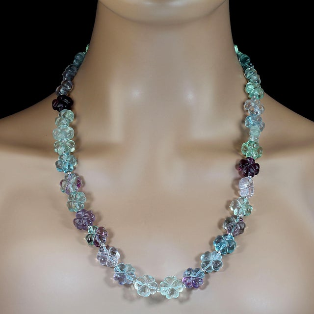 24-Inch Multicolor Fluorite Flower Necklace This gorgeous 24-inch necklace features beautifully carved transparent...