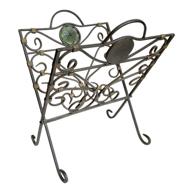 1980s Metal Folding Magazine or Record Holder - Green Glass Medallion For Sale