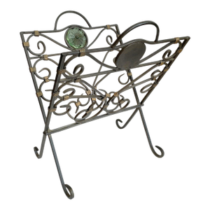 1980s Metal Folding Magazine or Record Holder - Green Glass Medallion