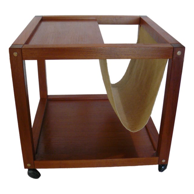 Vintage Teak Rolling End Table With Linen Magazine Sling For Sale