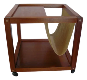 Vintage Teak Rolling End Table With Linen Magazine Sling