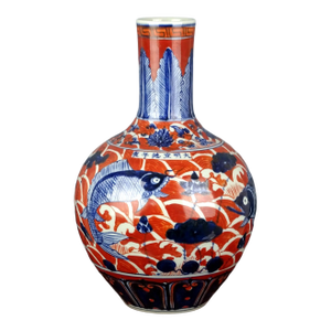 Chinese Vintage Ceramic Vase,Ming Dynasty Xuande Marked Blue and White Red Drawing Porcelain Tianqiu Vase Hand Painted Lotus and Fishes Pattern
