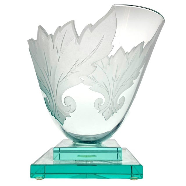 Aqua Circa 1990 Robert Guenther Signed Aqua Etched and Frosted Art Glass Leaf Vase For Sale - Image 8 of 12
