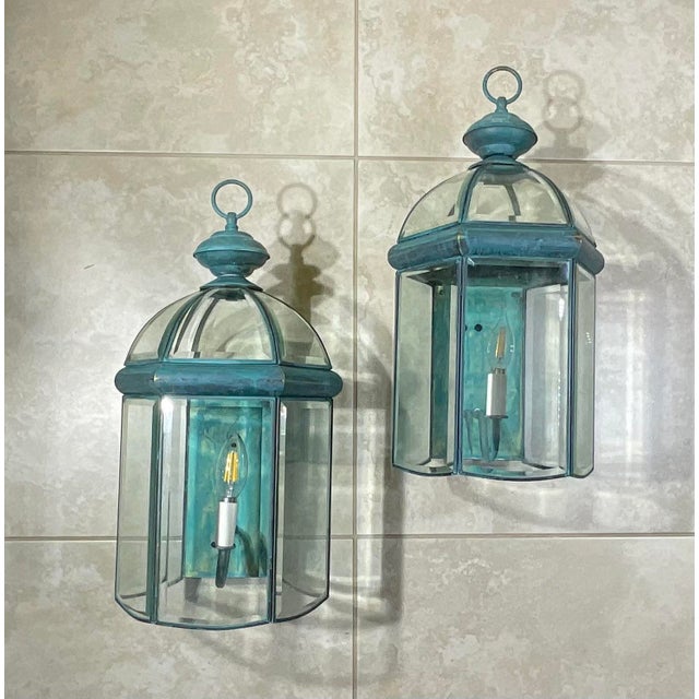Exquisite Pair of Solid Brass & Verdigris Wall Lanterns For Sale - Image 17 of 17
