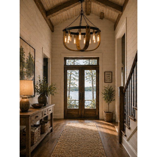 Farmhouse Apulia Rustic Wood & Iron Chandelier, 30" Round, 8-Light Industrial Farmhouse For Sale - Image 3 of 5