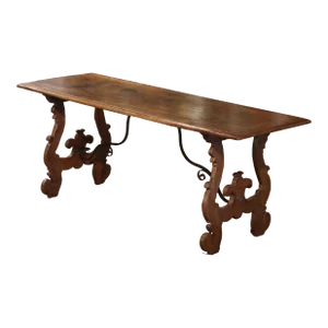 18th Century Italian Baroque Carved Walnut and Wrought Iron Trestle Console