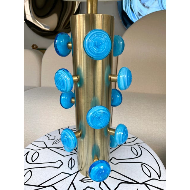 Contemporary Brass and Blue Murano Glass Spiral Lamps, Italy - a Pair EU Wired For Sale - Image 6 of 12