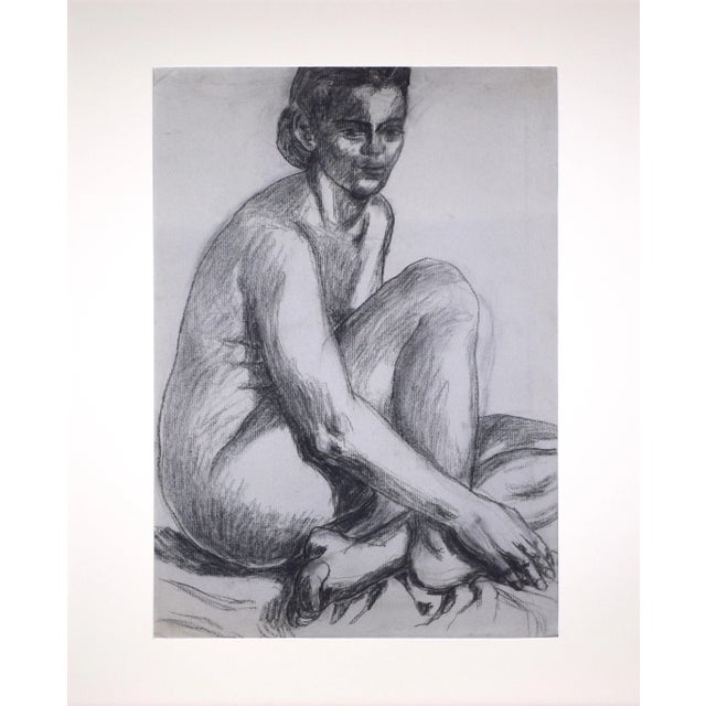 Vintage modernist figure study of the torso of a female nude. Charcoal on paper resented in cream colored matting and a...