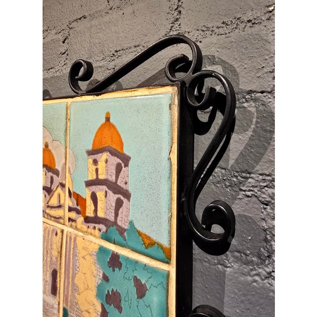 Taylor Tilery –Mission Santa Barbara,1930s Spanish Revival Hand-Painted Tile Panel in Iron Frame For Sale - Image 9 of 12