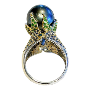 Bochic “Orient” Vintage South Sea Pearl & Fancy Blue Sapphires Ring Set 18K Gold