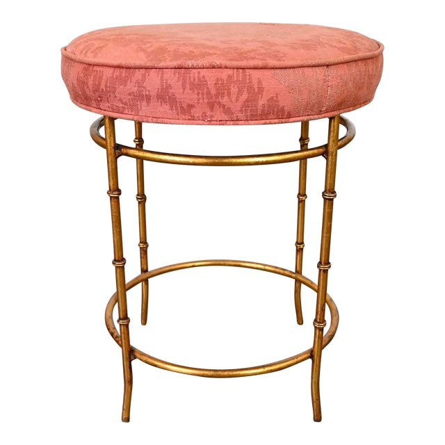 Mid-20th Century Italian Style Round Stool With Rose Damask Seat & Gilt Metal Faux Bamboo Legs For Sale