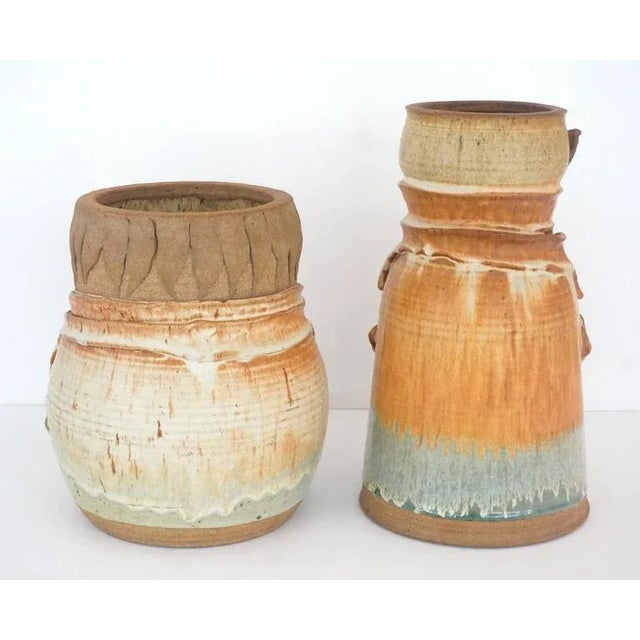 Tan Artisan Earthen-Ware "Laurel & Hardy" Vases by Tom Reese - a Set of Two For Sale - Image 8 of 11