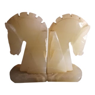 1980s Handcarved Solid Onyx Horse Head Bookends Set of 2 For Sale