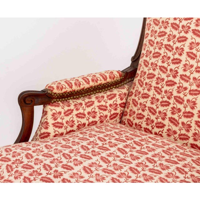 Pair of Louis XV Style Red and White Fabric Upholstered Walnut Bergeres For Sale - Image 12 of 13
