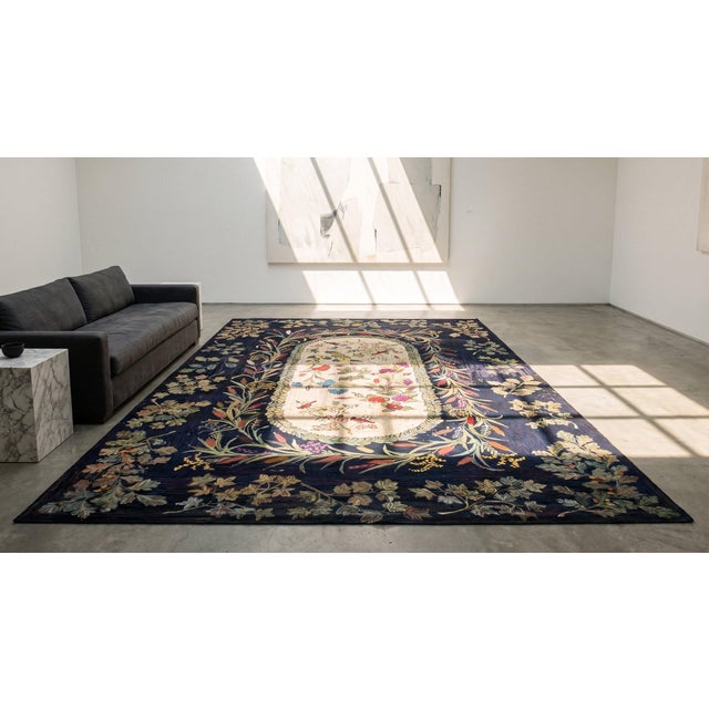 Navy Blue Extraordinary Navy Background With Nice Folk Art Style Antique American Hooked Rug For Sale - Image 8 of 9