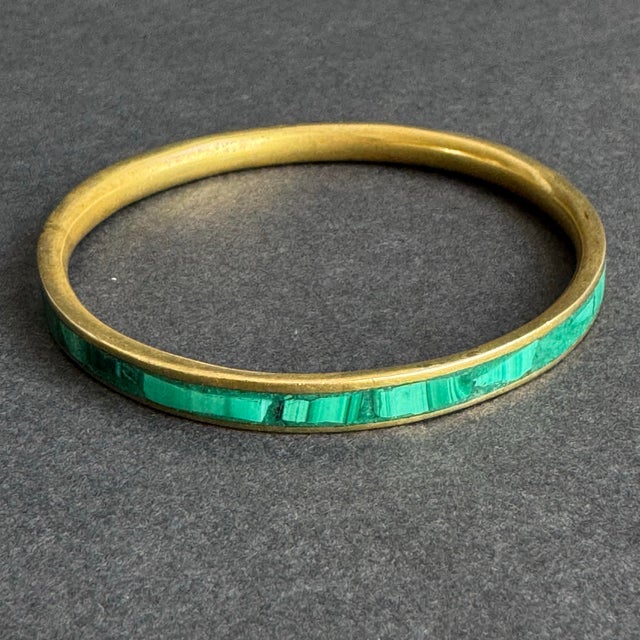Metal Vintage Malachite Inlay Bangle Bracelet Brass Gold Tone Thin For Sale - Image 7 of 9