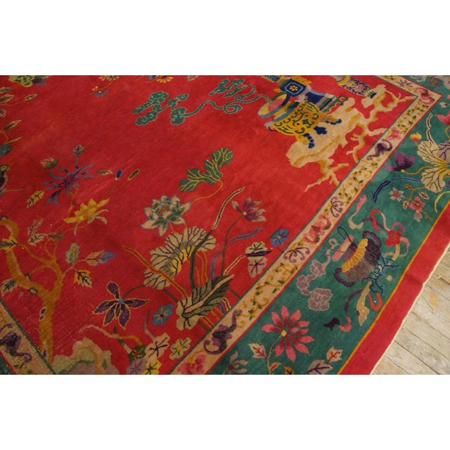 1920s Red Floral Vase Antique Chinese Art Deco Carpet 9' X 11' 8'' Handknotted Wool Rug For Sale In New York - Image 6 of 9