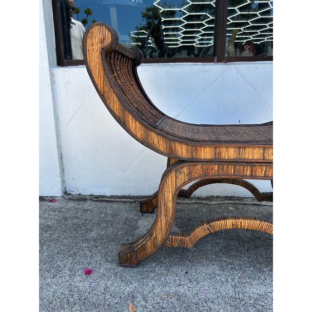 Camel Vintage Rattan and Grasscloth Egyptian Style Bench. For Sale - Image 8 of 9
