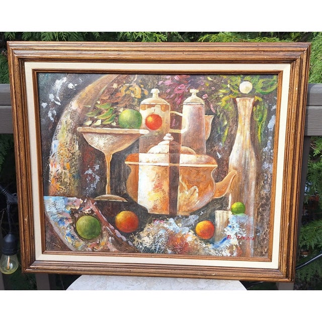 Here is a unique vintage abstract oil on canvas painting in a spicy color combination. Metallic accents bring light to the...