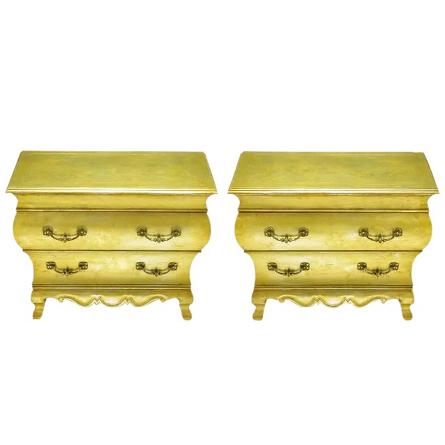 Henredon Gold Toned Silver Leaf Bombe Two-Drawer Commodes - a Pair For Sale