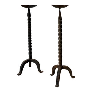 Large Heavy Vintage Iron Swirl Floor Candle Holders For Sale